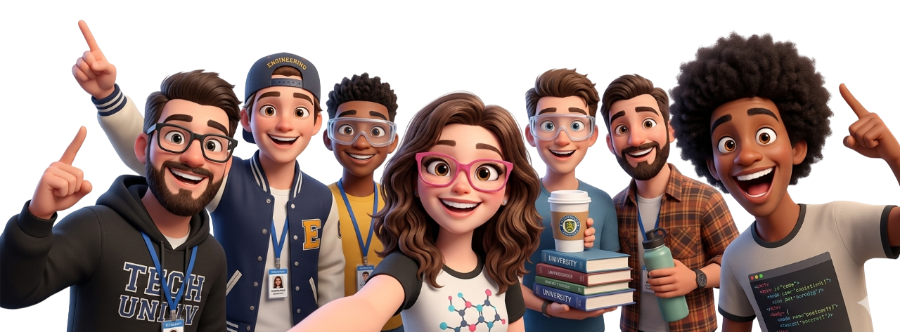 3D illustration of diverse students and professionals